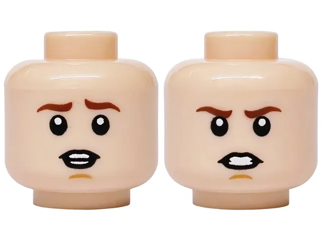 Minifigure, Head Dual Sided Reddish Brown Eyebrows, Medium Nougat Chin Dimple, Open Mouth Grin with Teeth / Frown Pattern