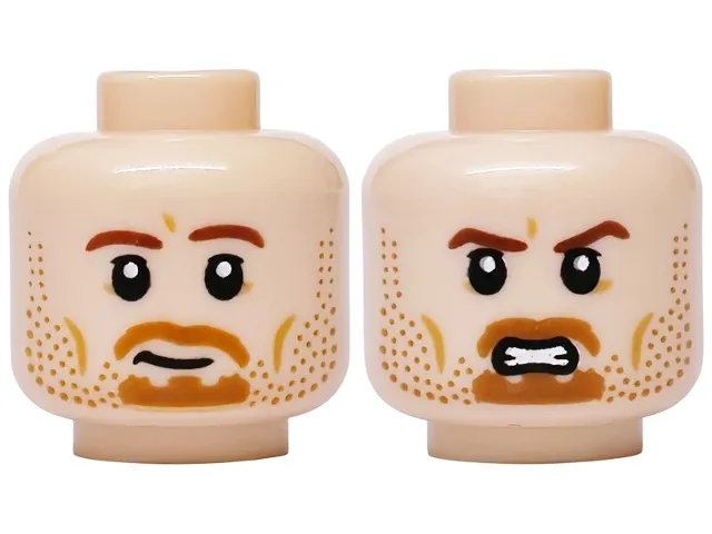 Minifigure, Head Dual Sided, Reddish Eyebrows, Dark Orange Beard Stubble and Goatee, Medium Nougat Cheek Lines, Lopsided Grin / Open Mouth Scowl with Teeth Pattern