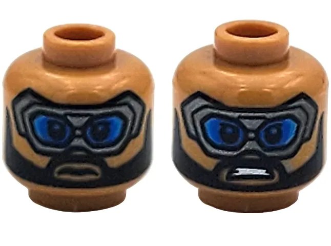 Minifigure, Head Dual Sided Dark Silver Goggles with Blue Lenses, Black Moustache and Full Beard, Stern / Open Mouth Scowl with Teeth Pattern