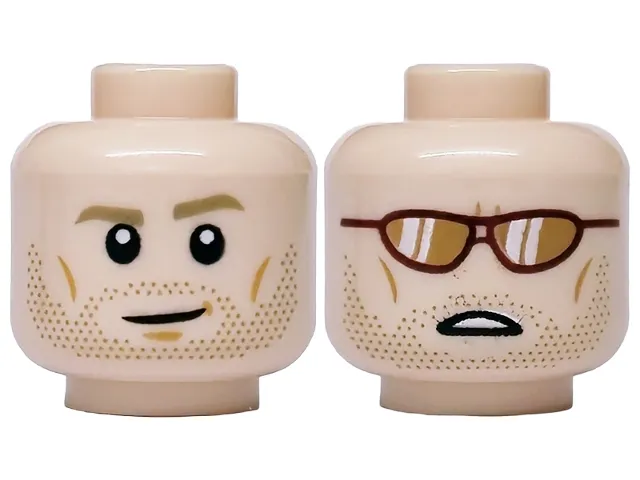 Minifigure, Head Dual Sided Dark Tan Eyebrows and Beard Stubble, Medium Nougat Chin Dimple and Cheek Lines, Lopsided Grin / Dark Red Sunglasses with White Reflections, Open Mouth with Teeth Pattern