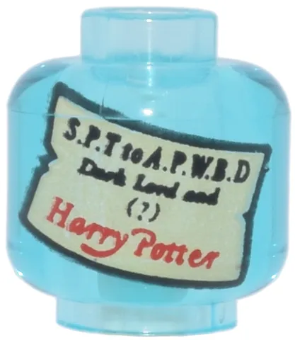 Minifigure, Head without Face with Tan Label and Black 'S.P.T to A.P.W.B.D' and 'Dark Lord and (?)' and Red 'Harry Potter' Pattern (HP Prophecy)