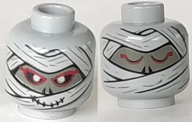 Minifigure, Head Dual Sided Alien Mummy with Dark Gray Face, Wrappings, Black and Red Eyes, Smile, Awake / Asleep Pattern