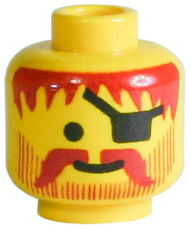 Minifigure, Head Standard Grin with Dark Red Messy Hair, Moustache, and Vertical Lines Beard, Black Eye Patch Pattern