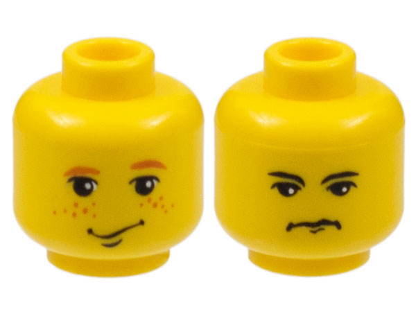 Minifigure, Head Dual Sided Male Smirk, Earth Orange Freckles and Eyebrows / Stern and Black Eyebrows Pattern (HP Ron Weasley / Vincent Crabbe)