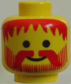 Minifigure, Head Standard Grin with Red Messy Hair, Moustache, and Vertical Lines Beard Pattern