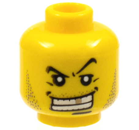 Minifigure, Head Male Arched Eyebrow, White Teeth with Gold Tooth, Fine Stubble and Line under Mouth Pattern