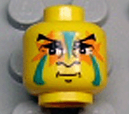 Minifigure, Head Black Angled Eyebrows, Eyelids, Nose Profile, and Chin Dimple, Dark Turquoise and Orange Face Paint, Grin Pattern