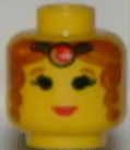 Minifigure, Head Female Tiara, Brown Curly Hair, Red Lips Pattern