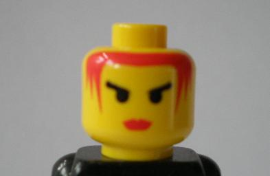 Minifigure, Head Female with Red Lips and Red Hair, Angry Black Eyebrows Pattern