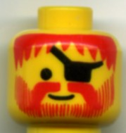 Minifigure, Head Standard Grin with Red Messy Hair, Moustache, and Vertical Lines Beard, Black Eye Patch Pattern