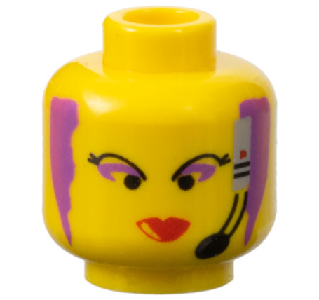 Minifigure, Head Female with Black Thin Eyebrows, Purple Hair and Eye Shadow, Headset with Microphone, and Red Lips Narrow Pattern