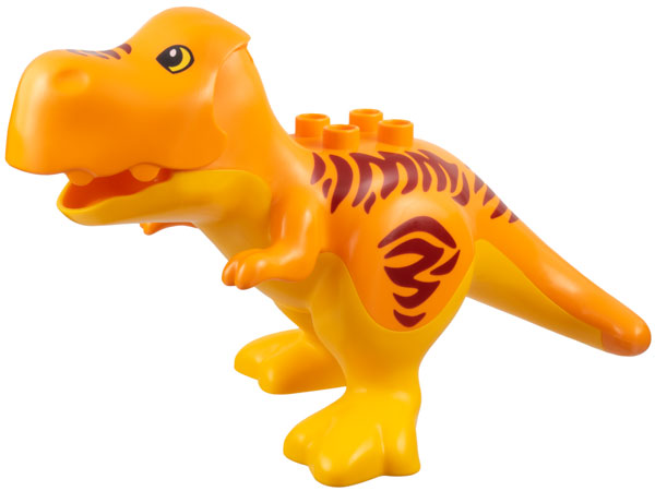 Duplo Dinosaur Tyrannosaurus rex with Fixed Bright Light Orange Stomach and Legs and Printed Dark Red Stripes, Black and Yellow Eyes Pattern