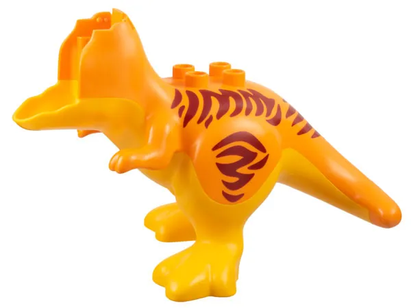 Duplo Dinosaur Tyrannosaurus rex Body with Fixed Bright Light Orange Stomach and Legs and Printed Dark Red Stripes Pattern