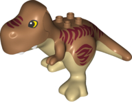 Duplo Dinosaur Tyrannosaurus rex with Fixed Tan Stomach and Legs and Printed Dark Red Stripes, Black and Yellow Eyes, White Teeth Pattern