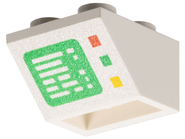 Slope, Inverted 45 2 x 2 with Flat Bottom Pin with Green Computer Screen on White Background, Red, Green, and Yellow Buttons on Right Side Pattern