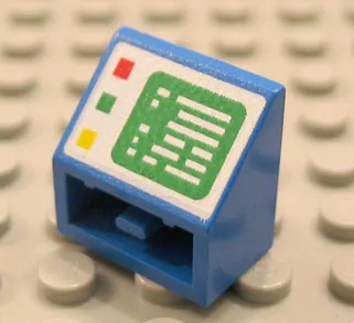 Slope, Inverted 45 2 x 2 with Flat Bottom Pin with Green Computer Screen on White Background, Red, Green, and Yellow Buttons on Left Side Pattern