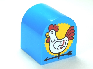 Duplo, Brick 2 x 2 x 2 Slope Curved Double with Rooster Weather Vane Pattern