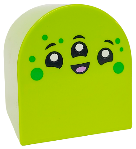 Duplo, Brick 2 x 2 x 2 Slope Curved Double with Alien Face with 3 Black Eyes and Mouth, White Pupils, Medium Lavender Tongue and Green Spots Pattern