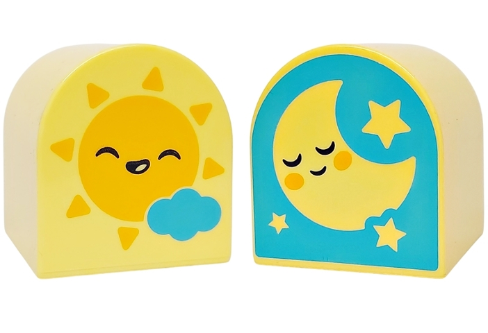 Duplo, Brick 2 x 2 x 2 Slope Curved Double with Bright Light Orange Smiling Sun and Medium Azure Cloud / Sleeping Moon and Stars Pattern