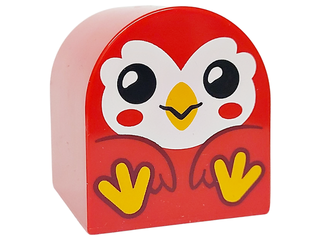 Duplo, Brick 2 x 2 x 2 Slope Curved Double with Bird with White Face, Bright Light Orange Beak and Feet and Black Eyes Open Pattern