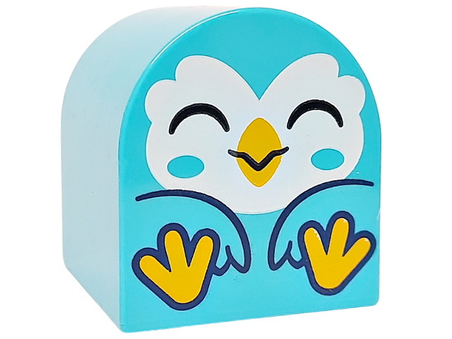 Duplo, Brick 2 x 2 x 2 Slope Curved Double with Bird with White Face, Bright Light Orange Beak and Feet and Black Eyes Closed Pattern