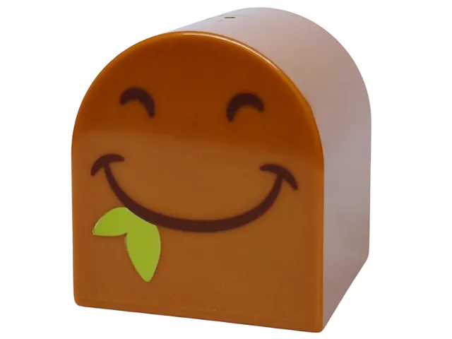 Duplo, Brick 2 x 2 x 2 Slope Curved Double with Dark Brown Nostrils and Smiling Mouth with Lime Leaves Pattern