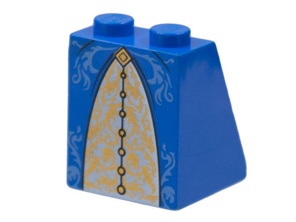 Slope 65 2 x 2 x 2 with Bottom Tube with Minifigure Dress / Skirt / Robe, Gold and Medium Blue Trimmed Pattern