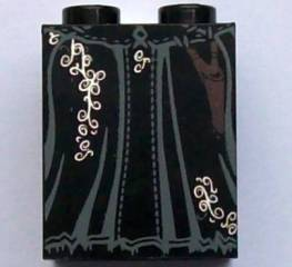 Slope 65 2 x 2 x 2 with Bottom Tube with Minifigure Dress / Skirt / Robe, Black Bellatrix Lestrange Silver Vines Pattern