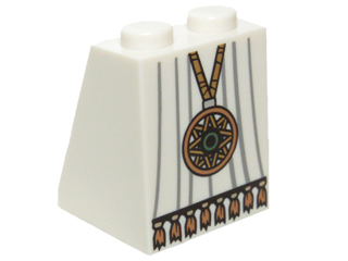 Slope 65 2 x 2 x 2 with Bottom Tube with Minifigure Dress / Skirt / Robe, Gold Star Pendant and Tassels Pattern