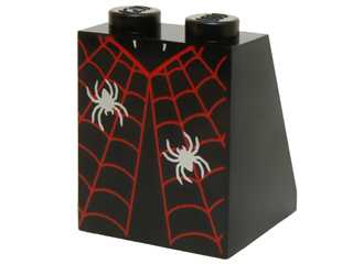 Slope 65 2 x 2 x 2 with Bottom Tube with Minifigure Dress / Skirt / Robe, Red Spider Web and 2 Silver Spiders Pattern