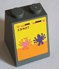 Slope 65 2 x 2 x 2 with Bottom Tube with '13907' and Dark Pink and Dark Purple Monsters Pattern (Sticker) - Set 71016