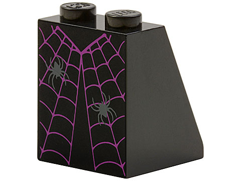 Slope 65 2 x 2 x 2 with Bottom Tube with Minifigure Dress / Skirt / Robe, Magenta Spider Web, Dark Bluish Gray Spiders Pattern (BAM)