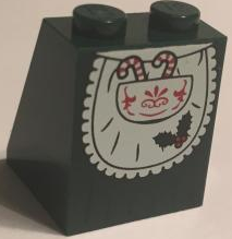 Slope 65 2 x 2 x 2 with Bottom Tube with Minifigure Dress / Skirt / Robe, Apron with Candy Canes in Pocket and Red Lace Pattern (BAM)