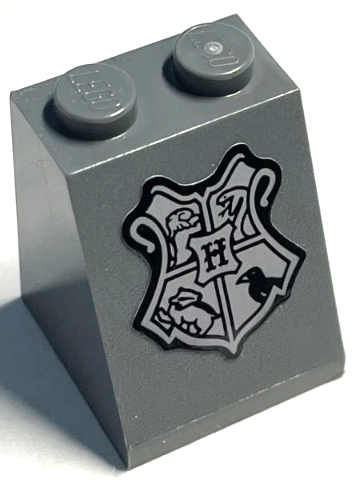 Slope 65 2 x 2 x 2 with Bottom Tube with Black and Light Bluish Gray Hogwarts Coat of Arms Crest Pattern (Sticker) - Set 76399