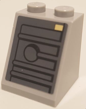 Slope 65 2 x 2 x 2 with Bottom Tube with Ridges, Hole, and Tan Rectangle Pattern (Sticker) - Set 75105