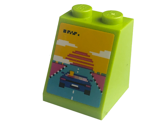 Slope 65 2 x 2 x 2 with Bottom Tube with Pixelated Arcade Game Screen with Blue Car, Medium Azure Road, Dark Pink Sun and Yellow Sky Pattern (Sticker) - Set 41708