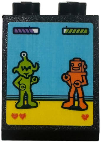 Slope 65 2 x 2 x 2 with Bottom Tube with Arcade Video Game Screen with Lime Alien 'vs' Orange Robot on Medium Azure and Yellow Background Pattern (Sticker) - Set 42674