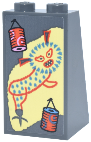 Slope 75 2 x 2 x 3 - Solid Studs with Reddish Orange and Medium Blue Painted Cans on Strings and Mythical Creature on Bright Light Yellow Background Pattern (Sticker) - Set 76467