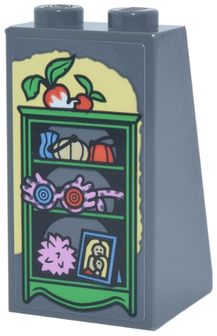 Slope 75 2 x 2 x 3 - Solid Studs with Bright Green Shelf with Framed Portrait, Radishes, Bright Pink Glasses and Pygmy Puff on Bright Light Yellow Background Pattern (Sticker) - Set 76467