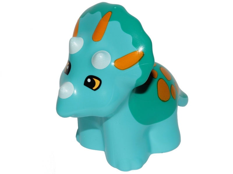 Duplo Dinosaur Triceratops Baby with Fixed Dark Turquoise Top and Printed White Horns, Yellow Eyes and Bright Light Orange Spots Pattern