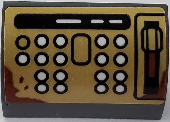 Slope, Curved 1 x 2 with Bottom Stud Holder with Buttons and Lever on Pearl Gold Background Pattern (Sticker) - Set 75978