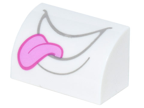 Slope, Curved 1 x 2 with Bottom Stud Holder with Dark Bluish Gray Open Mouth Smile with Bright Pink Tongue Pattern (Super Mario Polterpup Lower Face)