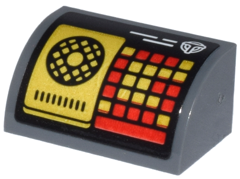 Slope, Curved 1 x 2 with Bottom Stud Holder with Control Panel with Black Circle, Red and Gold Keypad and White Airport Shuttle Logo 'T' Pattern (Sticker) - Set 80036