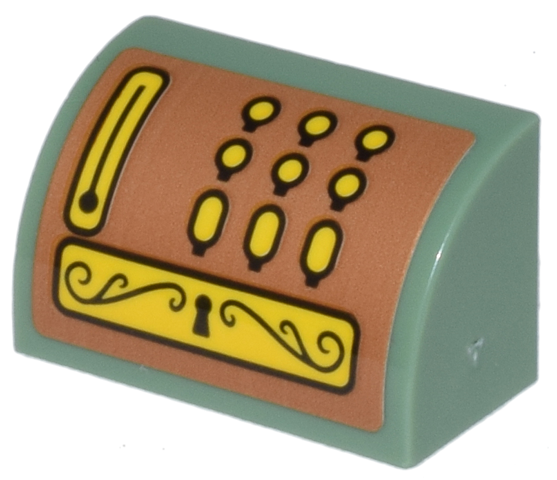 Slope, Curved 1 x 2 with Bottom Stud Holder with Cash Register, Yellow Buttons and Keyhole Plate on Medium Nougat Background Pattern (Sticker) - Set 41732