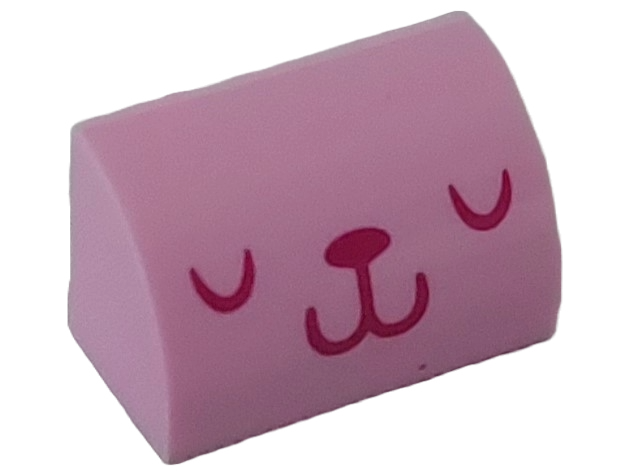 Slope, Curved 1 x 2 with Bottom Stud Holder with Cat Face with Magenta Closed Eyes, Nose, and Mouth Pattern