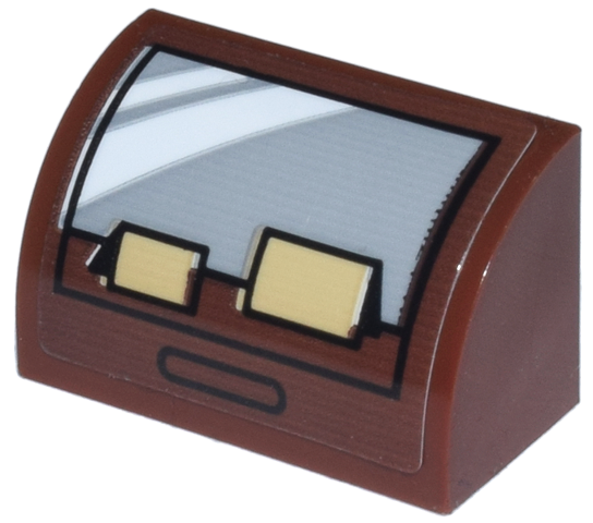 Slope, Curved 1 x 2 with Bottom Stud Holder with Display Case with Light Bluish Gray Glass and Tan Folded Cards Pattern (Sticker) - Set 21341