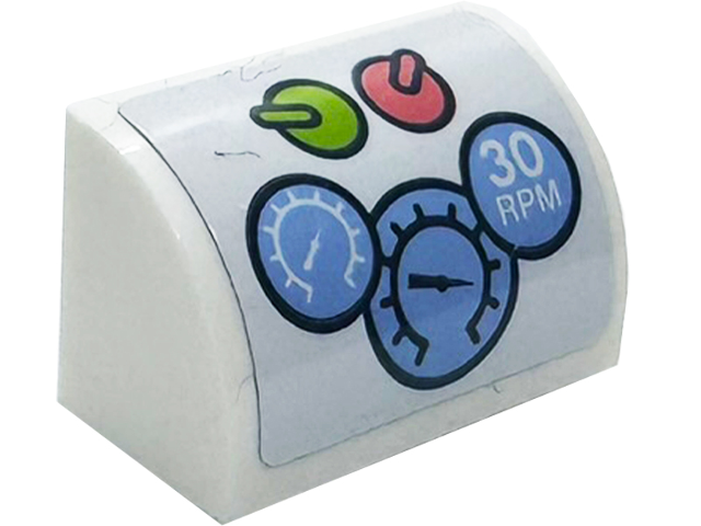 Slope, Curved 1 x 2 with Bottom Stud Holder with Bright Light Blue Speedometer, Gauges and Odometer with '30 RPM', Lime and Coral Switches Pattern (Sticker) - Set 41713