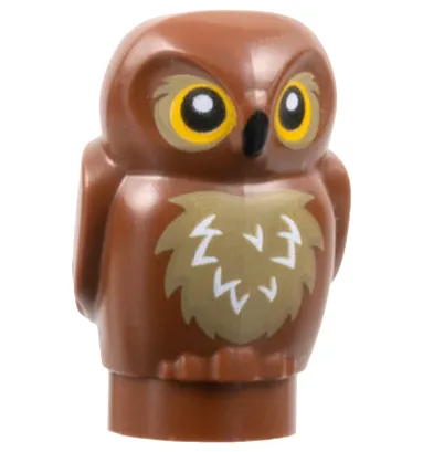 Owl, Small with Bright Light Orange Eyes, Dark Tan Chest Feathers with White Highlights, Black Beak Pattern