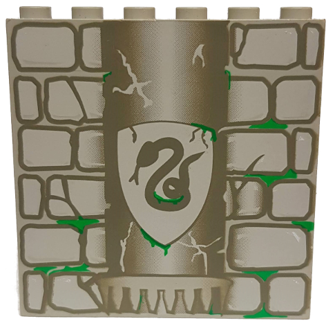 Brick 1 x 6 x 5 with Dark Gray Stone Wall and Slytherin Snake on Shield, Green Moss Pattern