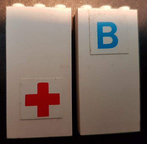 Brick 1 x 3 x 5 with Blue Letter B and Red Cross Pattern (Stickers) - Set 231-1